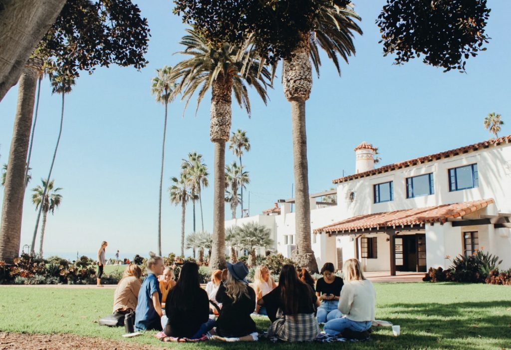A group of people meets on a lawn in a sunny coastal environment, demonstrating the support a group of close connections can provide.